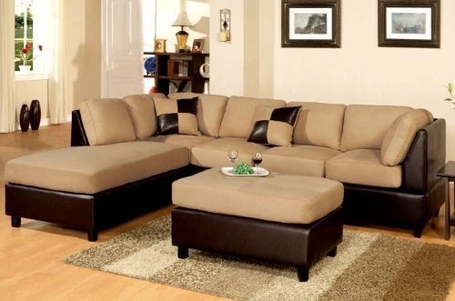 Poundex New Two Tone Leatherette and Micro Suede Sectional Sofa Set with Ottoman Includes Pillows, Reversible Chaise, Brown