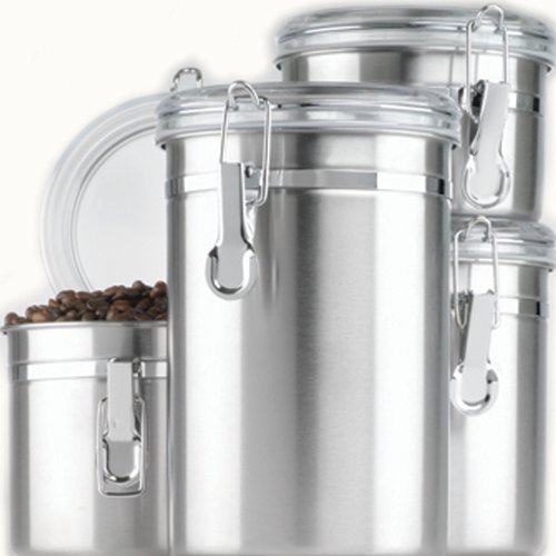Anchor Hocking Round Stainless Steel Airtight Canister Set with Clear Acrylic Lid and Locking Clamp, 4-Piece Set