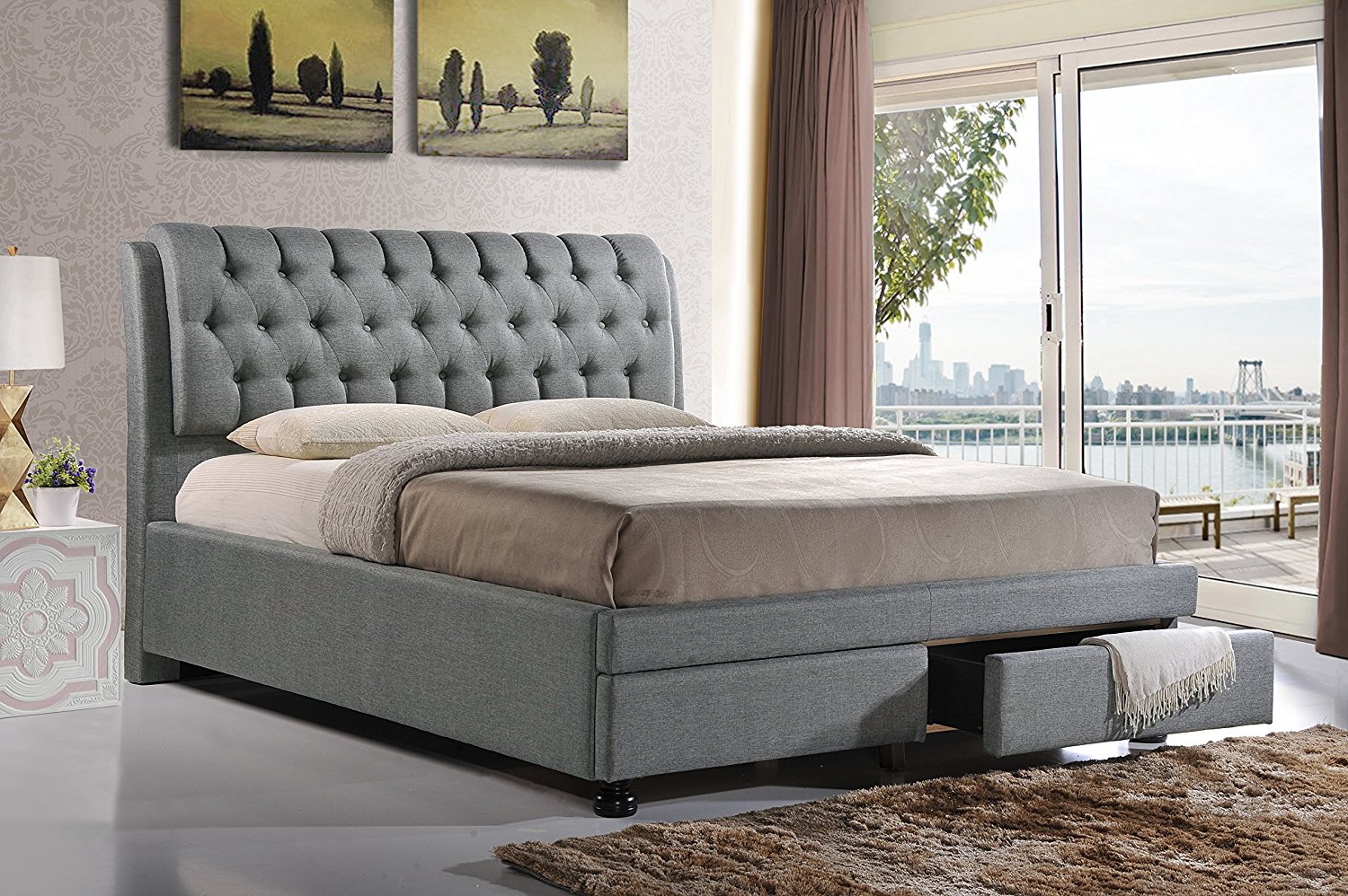 Baxton Studio Ainge Contemporary Button-Tufted Fabric Upholstered Storage Bed with 2 Drawers, Queen, Grey