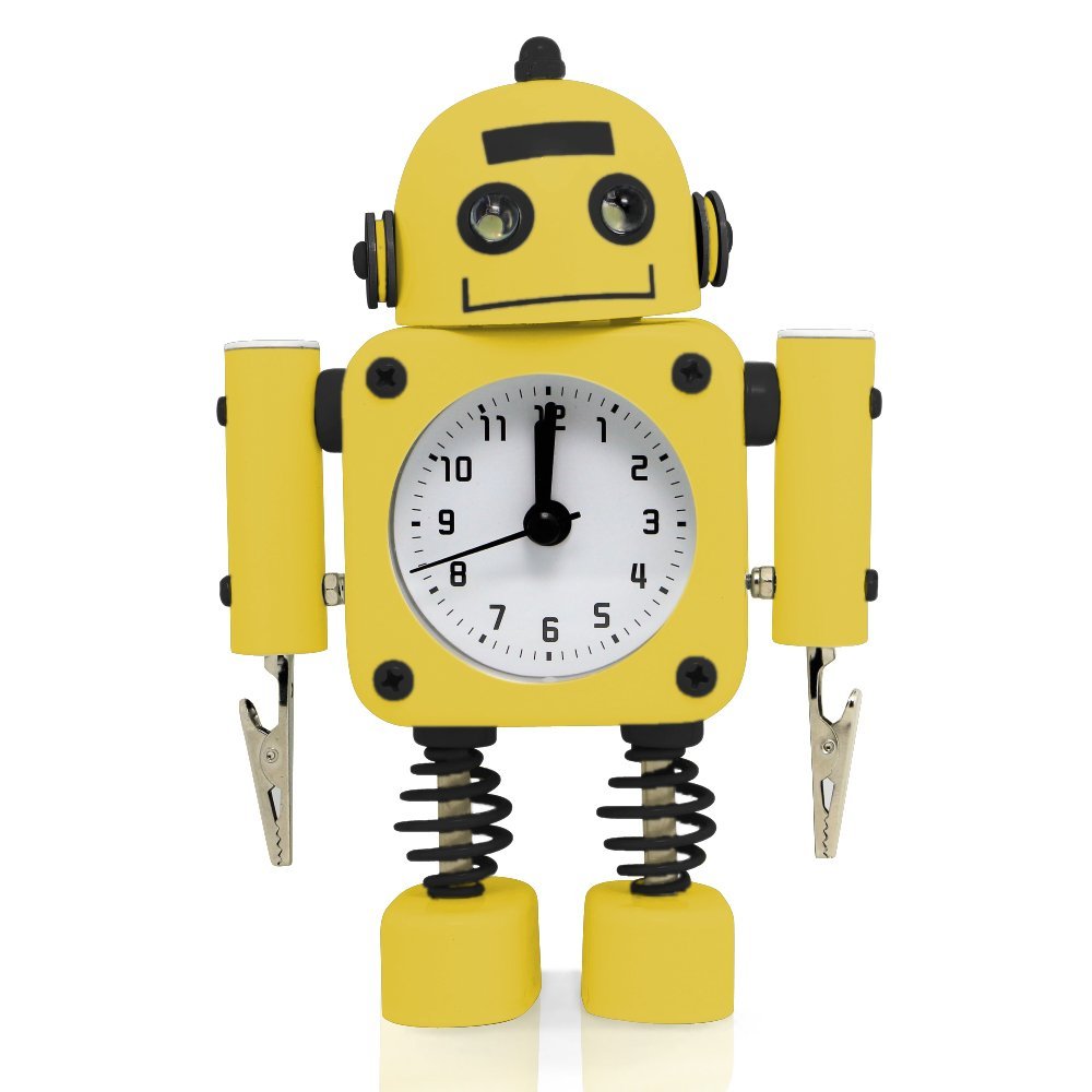 Betus [Non-ticking] Robot Alarm Clock Stainless Metal - Wake-up Clock with Flashing Eye Lights and Hand Clip - 4.5" x 6.5" x 2" (Yellow)