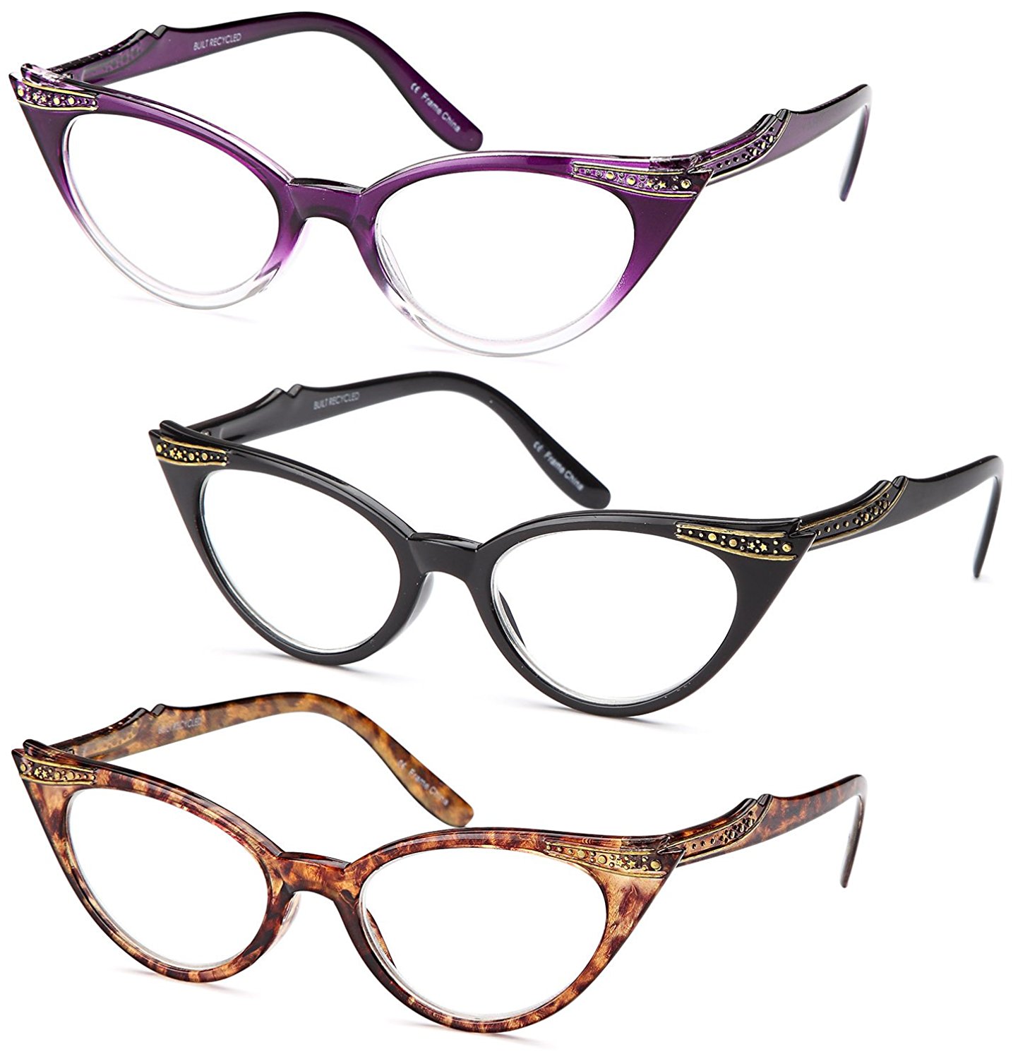 GAMMA RAY READERS 3 Pairs Ladies' Vintage Cat Eye Readers Quality Reading Glasses for Women