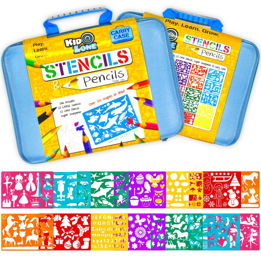 Stencil Drawing Kit w/ Carry Case - Over 300 Shapes - LARGE Drawing Stencils for Kids Art Include Plastic Alphabet Stencils, Geometric Shapes, Animals, and More!