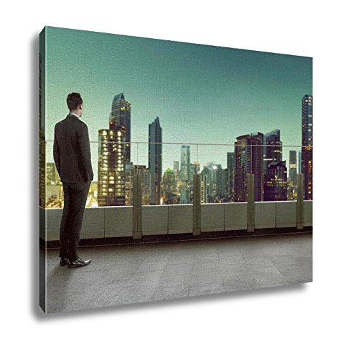 Ashley Canvas Businessman Standing On A Roof And Looking At City Wall Art Decor Stretched Gallery Wrap Giclee Print Ready to Hang Kitchen living room home office, 24x30