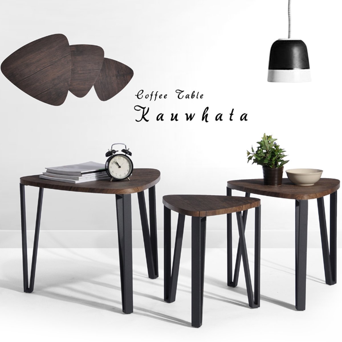 Coffee Table Set of 3 End Side Table Nesting Corner Table Stacking Tea Table Brown Modern Leisure Wood Table With Metal Tube For Living Room Waiting Room Balcony and Office