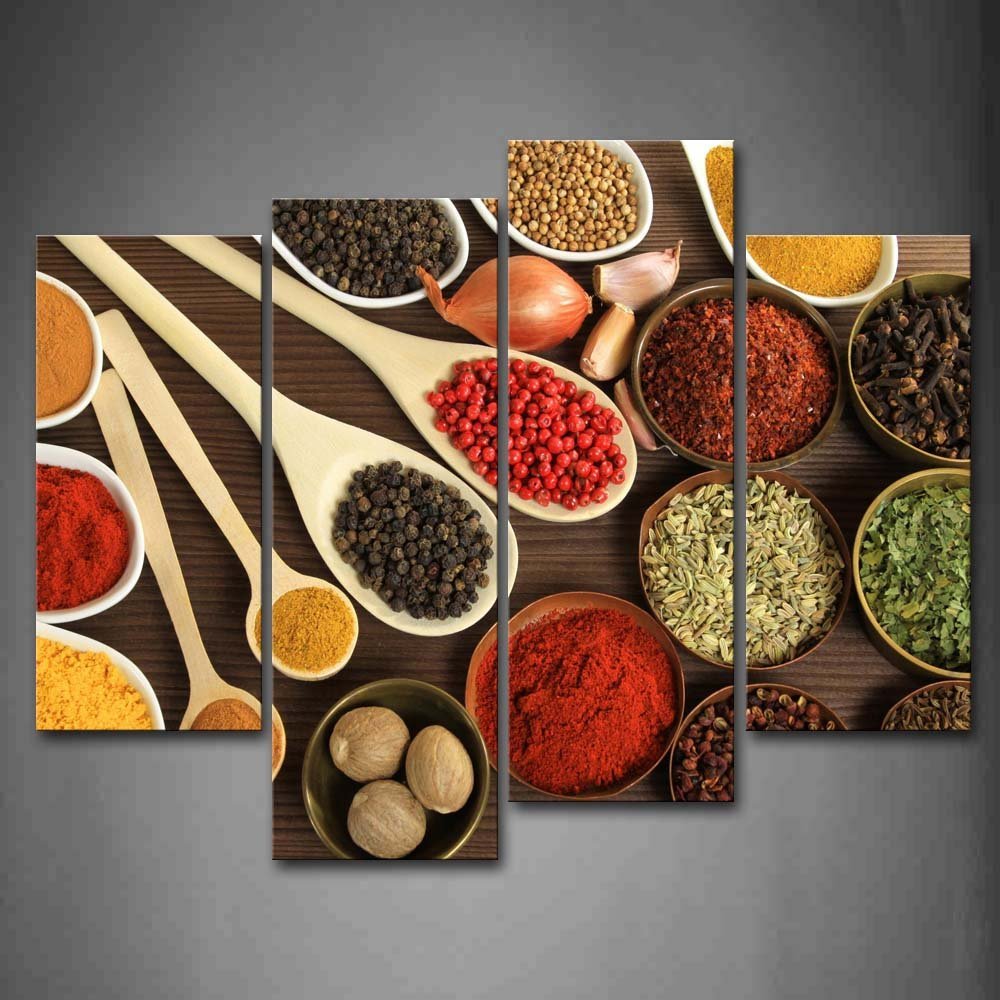 Couful Spice In Spoon Gather Together In Table Both Power Granulate And Slice Pices Wall Art Painting The Picture Print On Canvas Food Pictures For Home Decor Decoration Gift