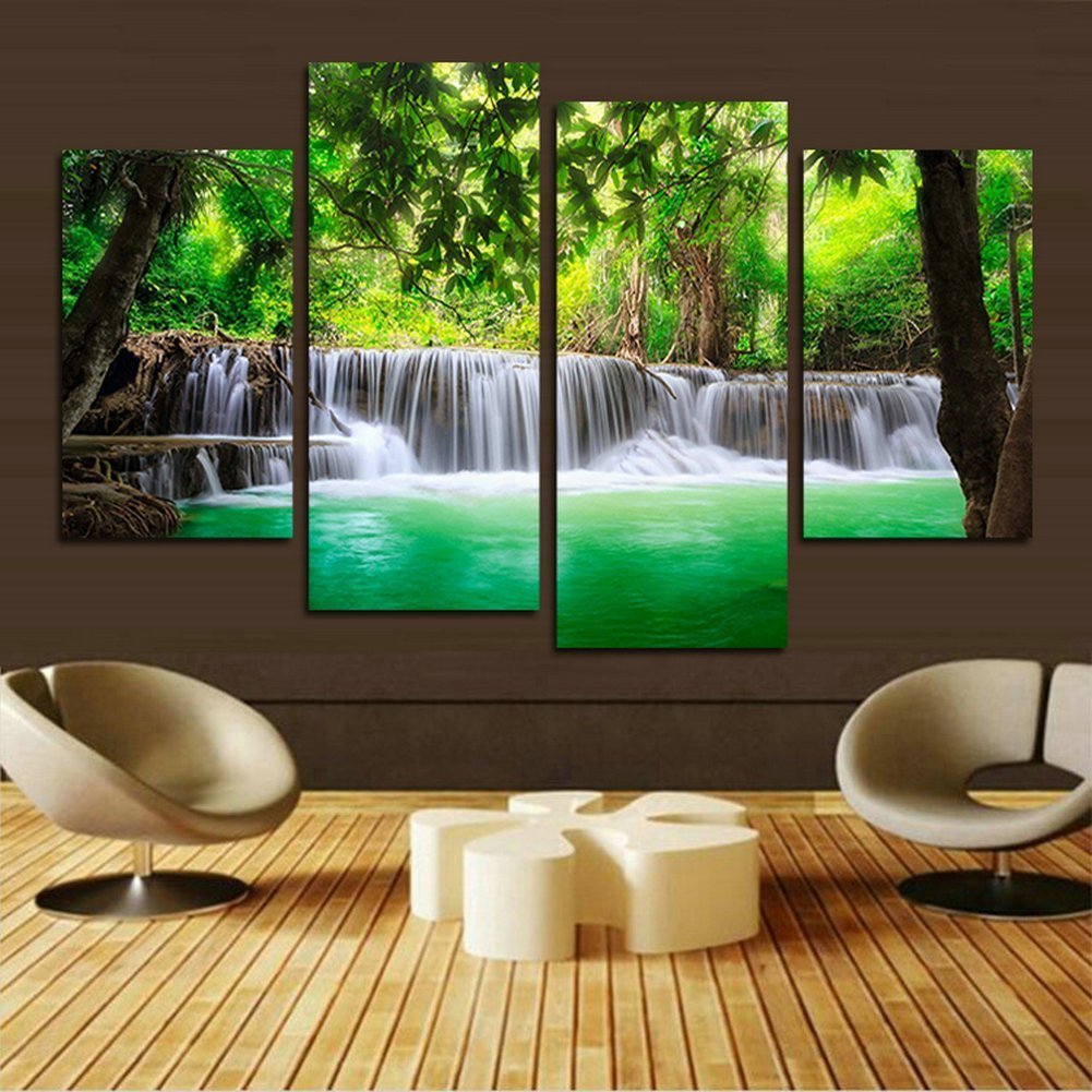 H.COZY 4 unit green waterfall HD pictures of modern art print canvas painting the living room wall decoration (No frame) far73 48x28 inch