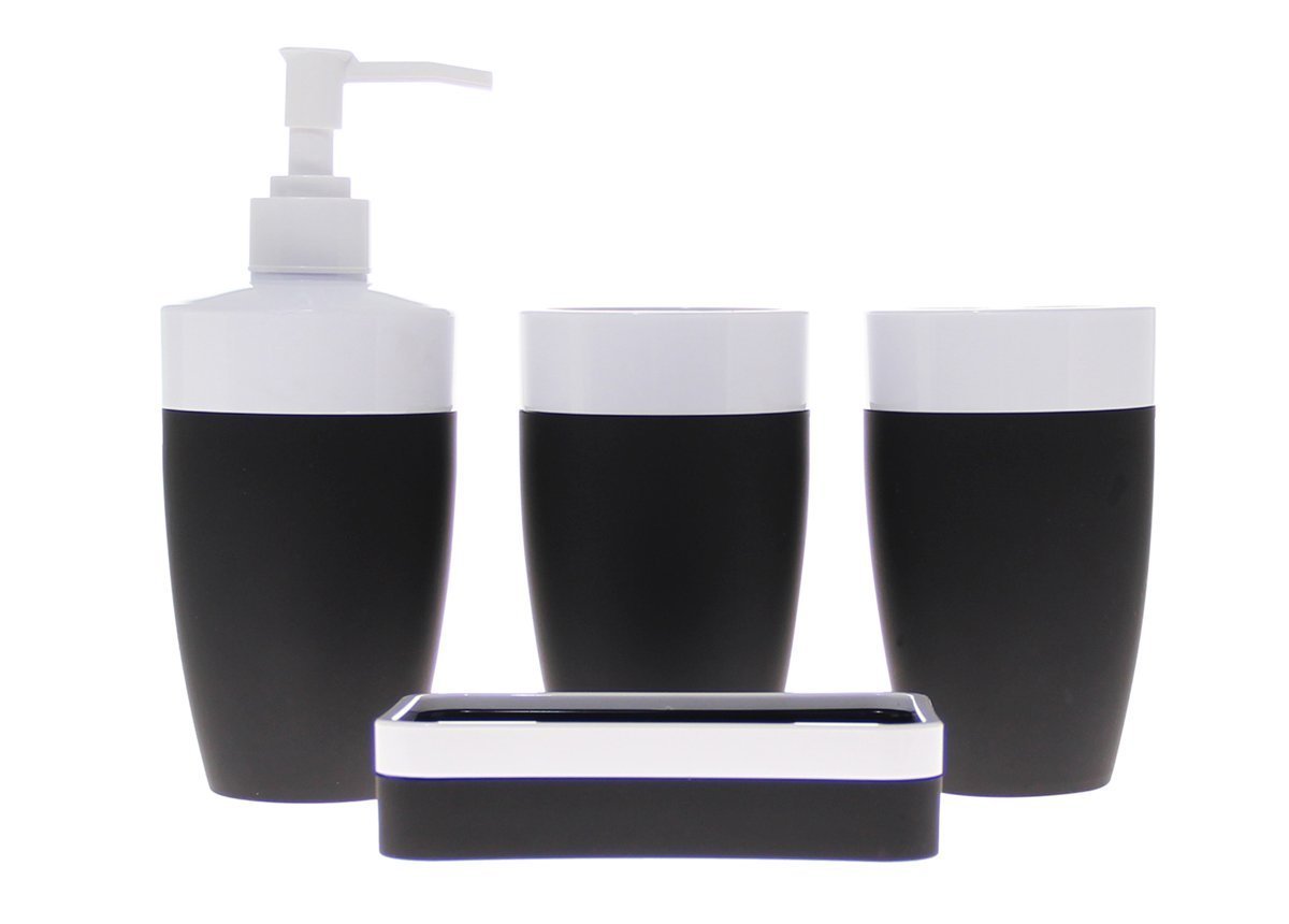 JustNile Royal Plastic and Rubber 4-Piece Bathroom Accessory Set; Includes 2 cups, 1 Soap Dispenser and 1 Soap Dish - Black and White