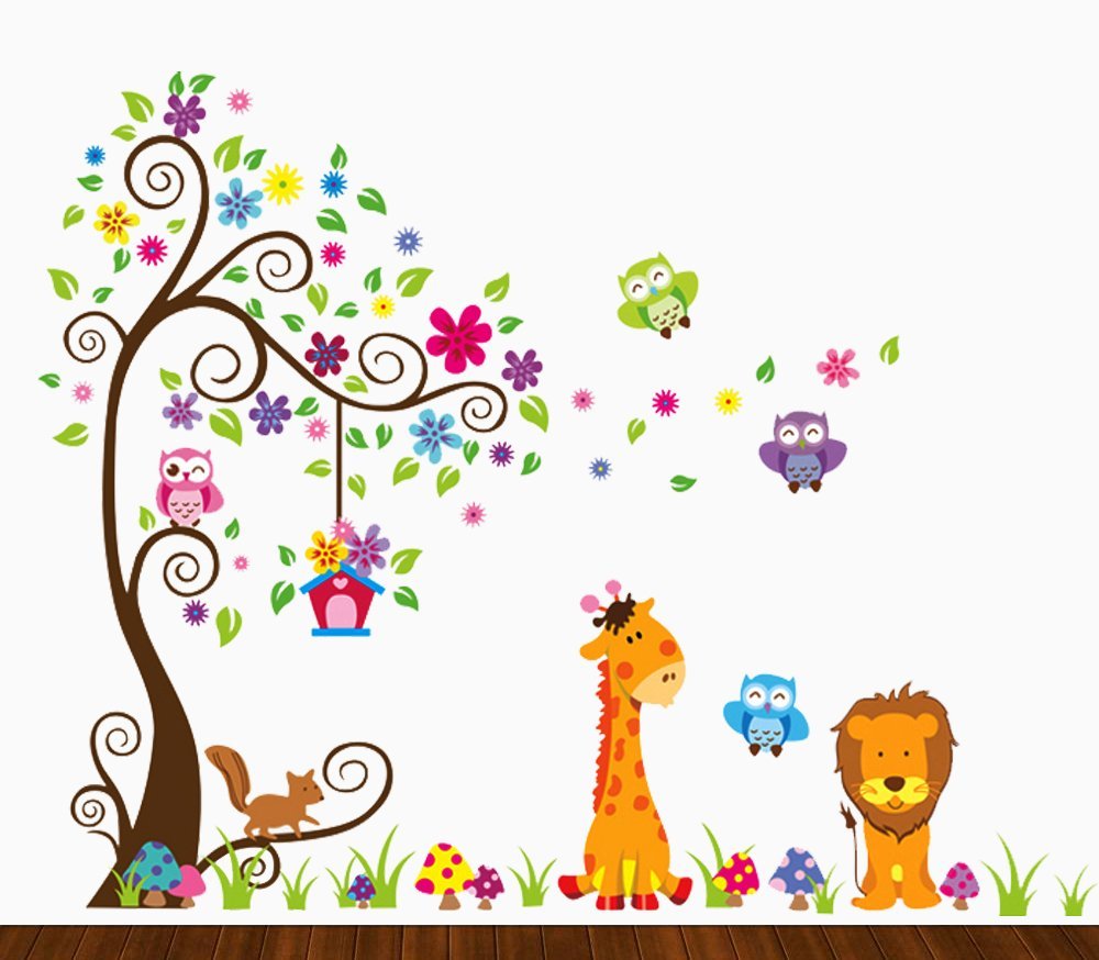 Kids Jungle Theme Peel & Stick Wall Decal 35" - Colorful Owl Giraffe Lion Tree Decorative Unisex Wall Sticker for Children Bedroom, Nursery, Playroom Mural by Dekosh