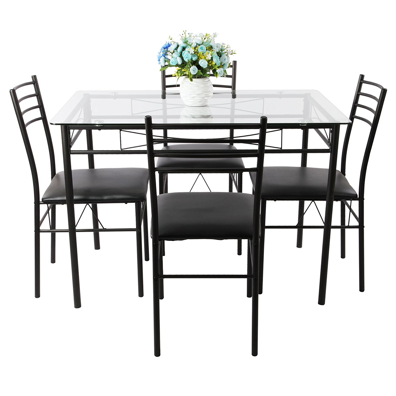 VECELO Dining Table with 4 Chairs Black
