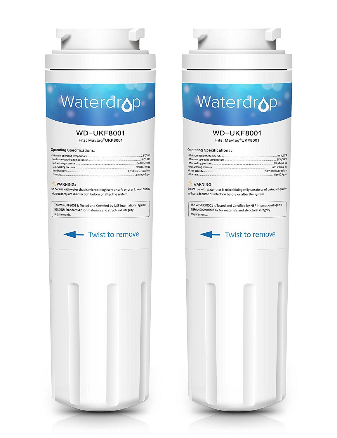 2 Pack Waterdrop UKF8001 Replacement for PUR, Jenn-Air, Maytag UKF8001, UKF8001AXX, UKF8001P, EDR4RXD1, Whirlpool 4396395, Puriclean II, 469006 Refrigerator Water Filter