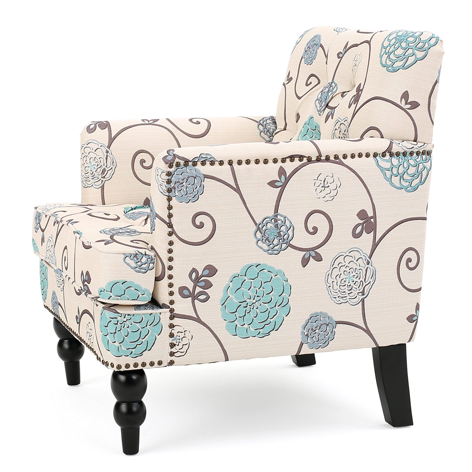 Medford Fabric Club Chair w/ Nailhead Accents (White and Blue Floral)