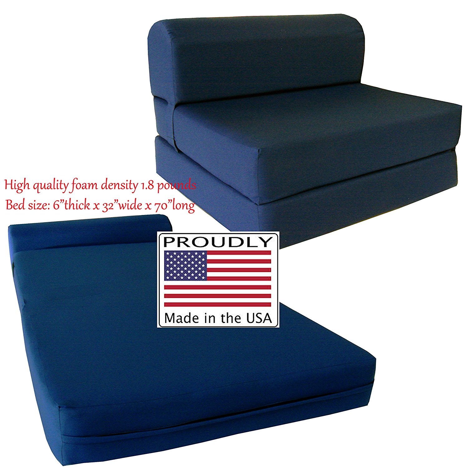 Navy Sleeper Chair Folding Foam Bed Sized 6" Thick X 32" Wide X 70" Long, Studio Guest Foldable Chair Beds, Foam Sofa, Couch, High Density Foam 1.8 Pounds.