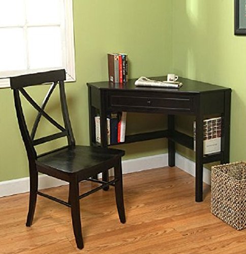 This classically styled desk utilizes a small space for a big impact, with stylish under-desk shelving and a drawer to hide clutter. Simple Living Wood Corner Computer Desk (Black + Chair)
