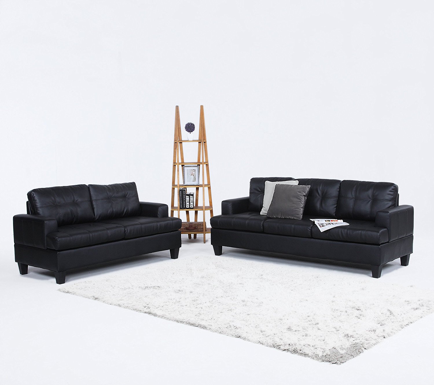 2 Piece Modern Black Bonded Leather Sofa and Love Seat Set