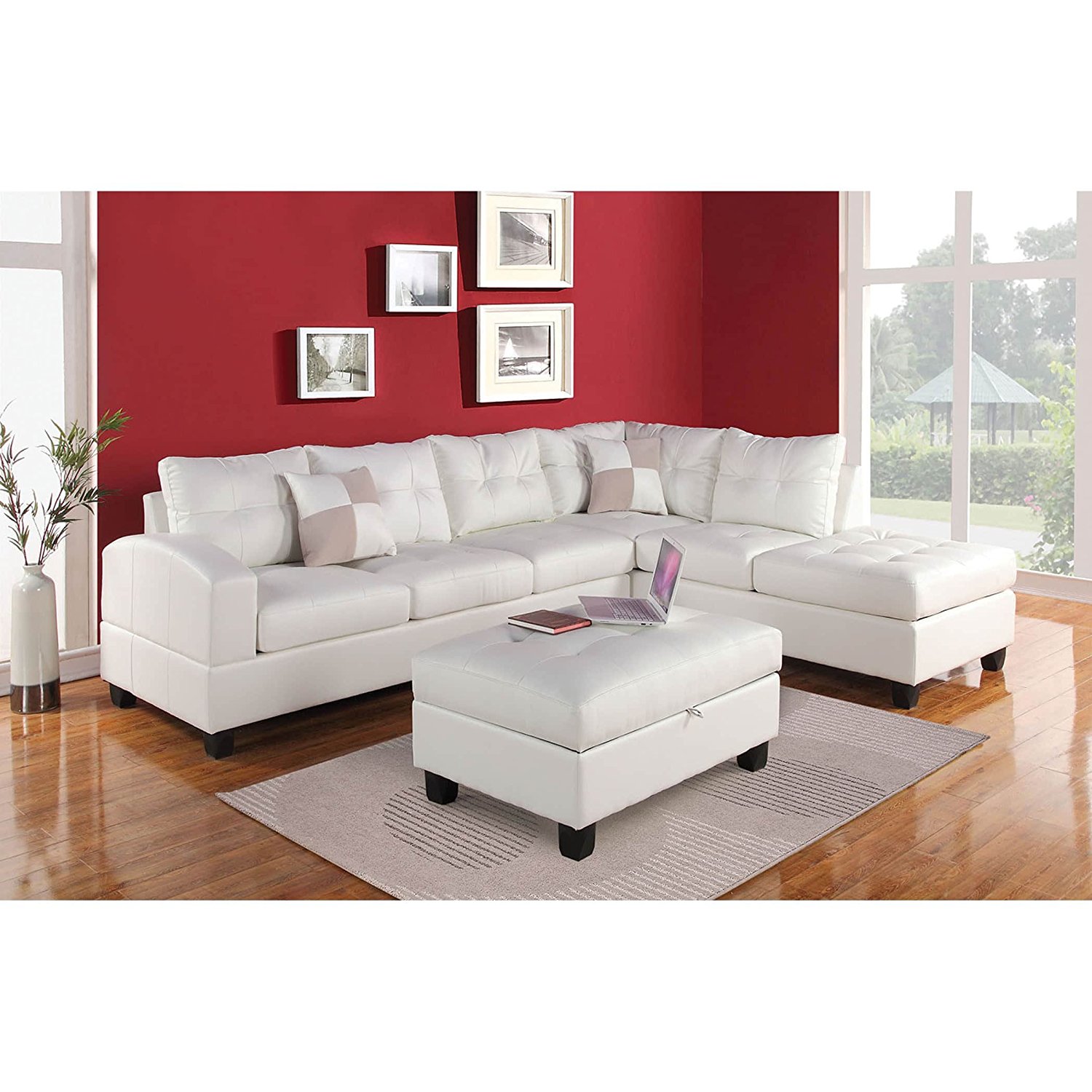 ACME Furniture Kiva 51175 Sectional Sofa with 2 Pillows, White Bonded Leather Match