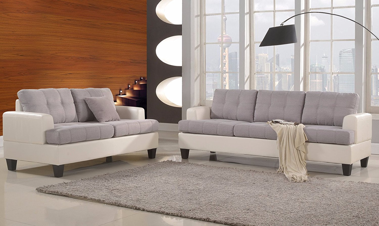 Classic 2 Tone Linen Fabric and Bonded Leather Sofa and Loveseat Living Room Set (White / Grey)