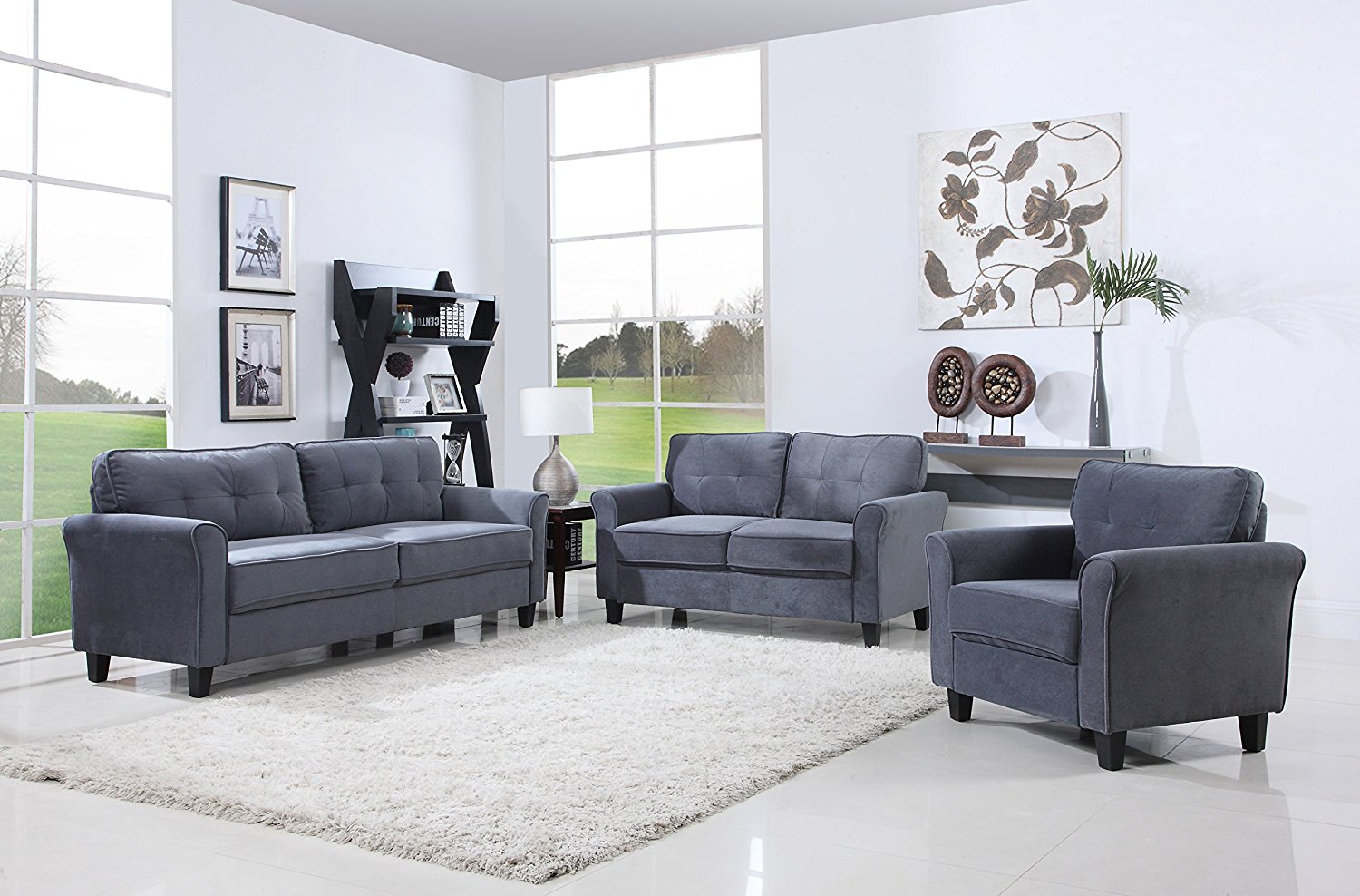 Classic Living Room Furniture Set - Sofa, Love Seat, Accent Chair (Dark Grey)
