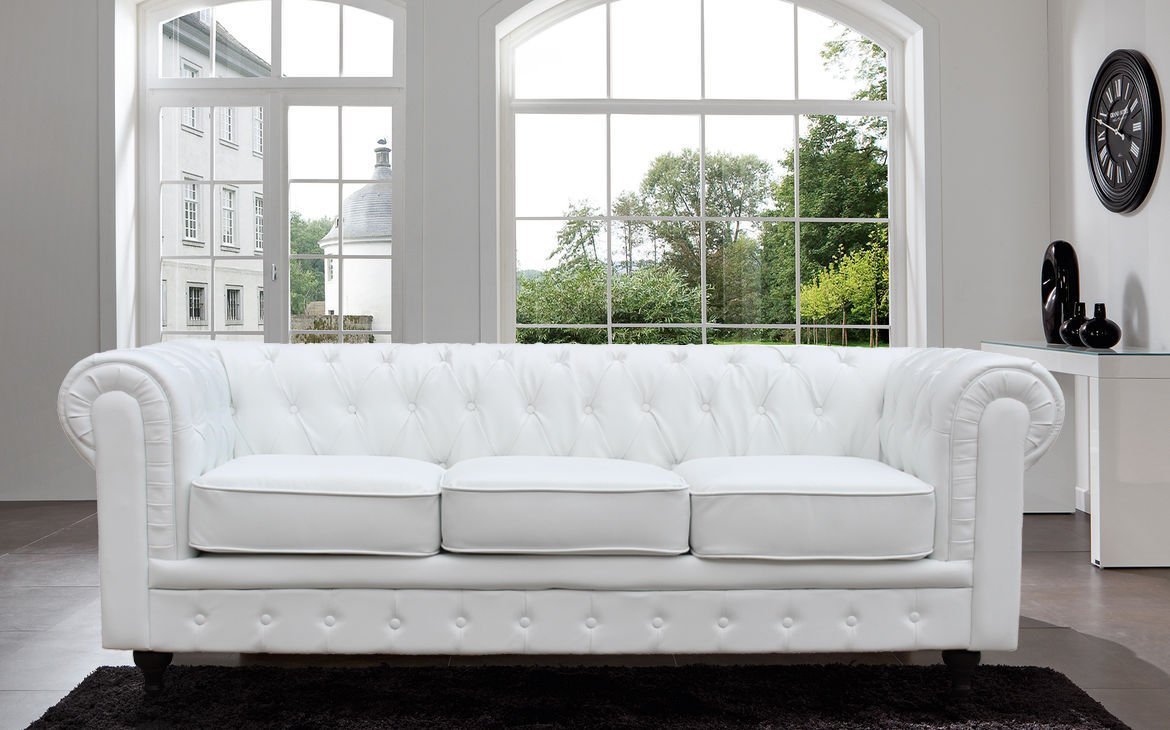 Classic Scroll Arm Tufted Button Bonded Leather Chesterfield Style Sofa (white)