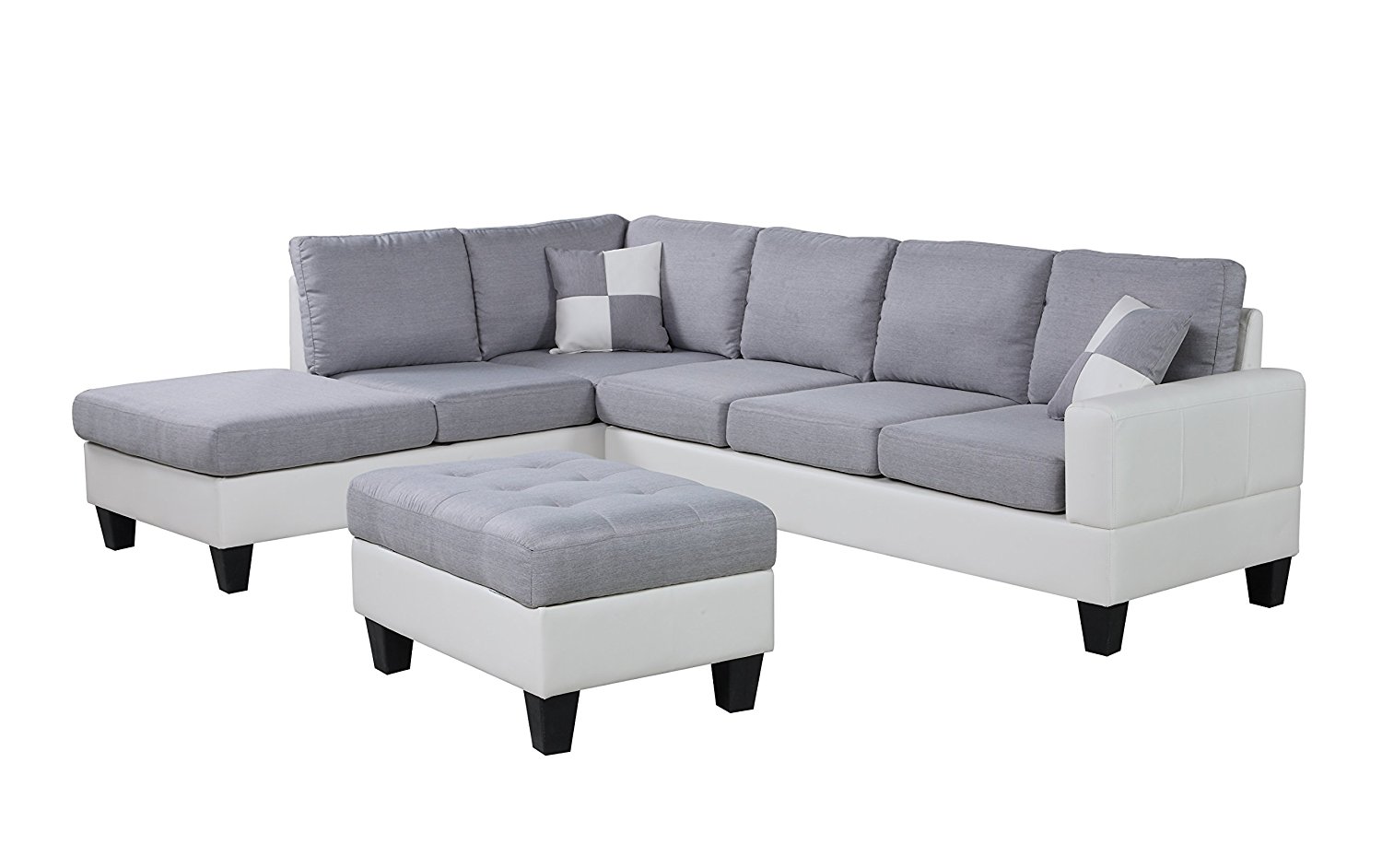 Classic Two Tone Large Linen Fabric and Bonded Leather Living Room Sectional Sofa (White / Light Grey)