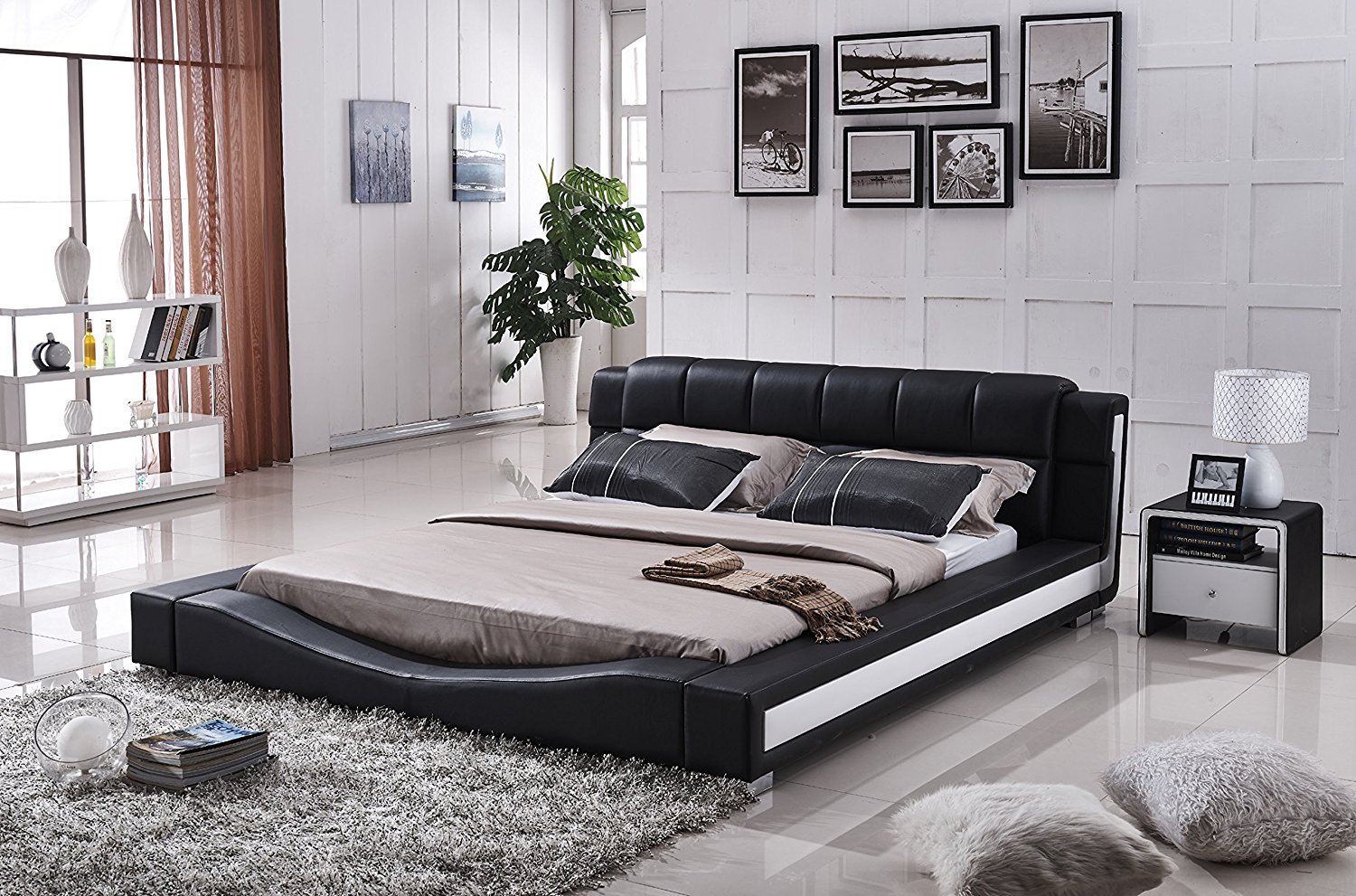 Container Furniture Direct Liam Collection Contemporary 2 Tone Faux Leather Upholstered Platform Bed with Padded Headboard, Black/White