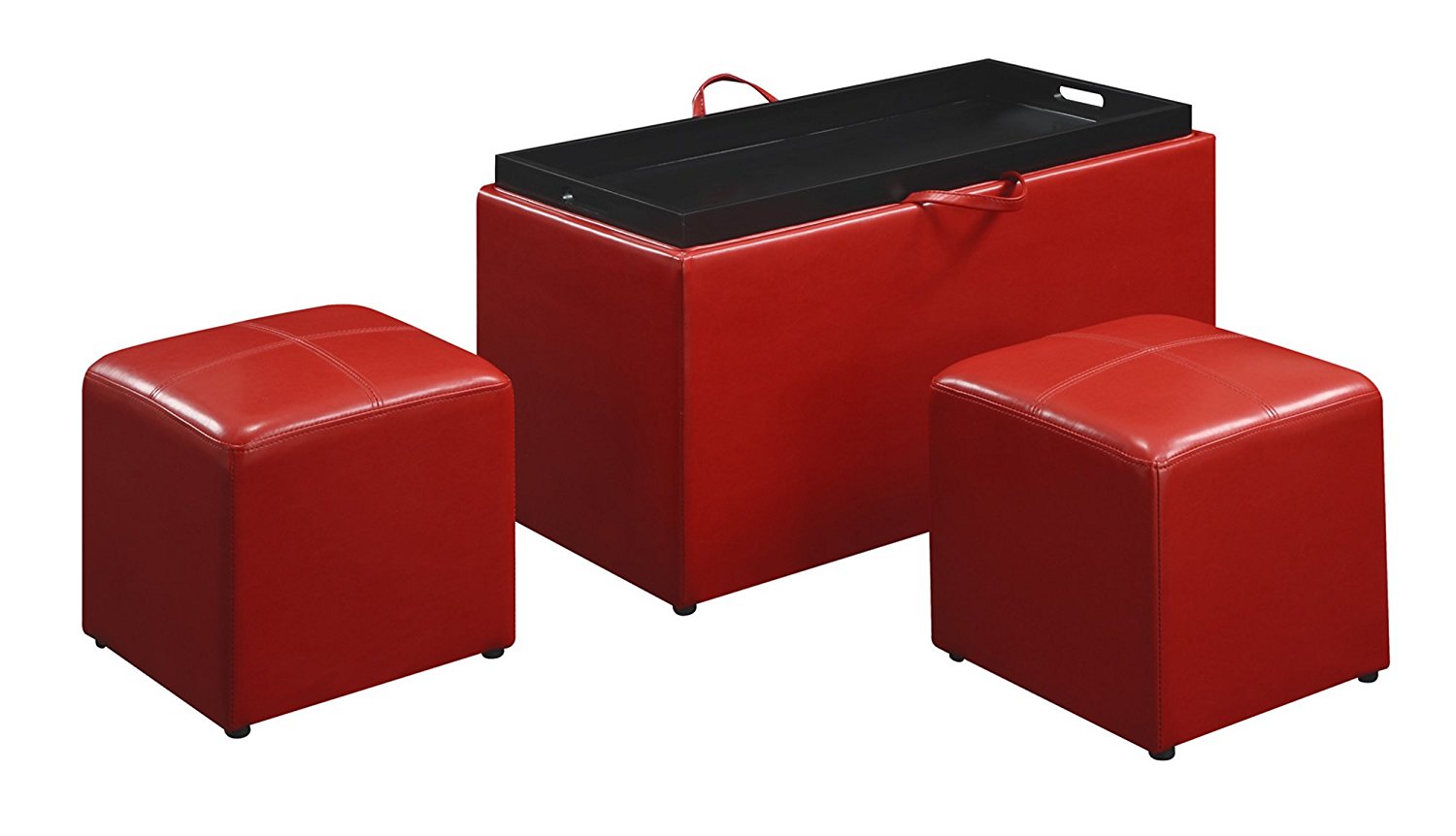 Convenience Concepts Designs4Comfort Sheridan Faux Leather Storage Bench with 2 Side Ottomans, Red