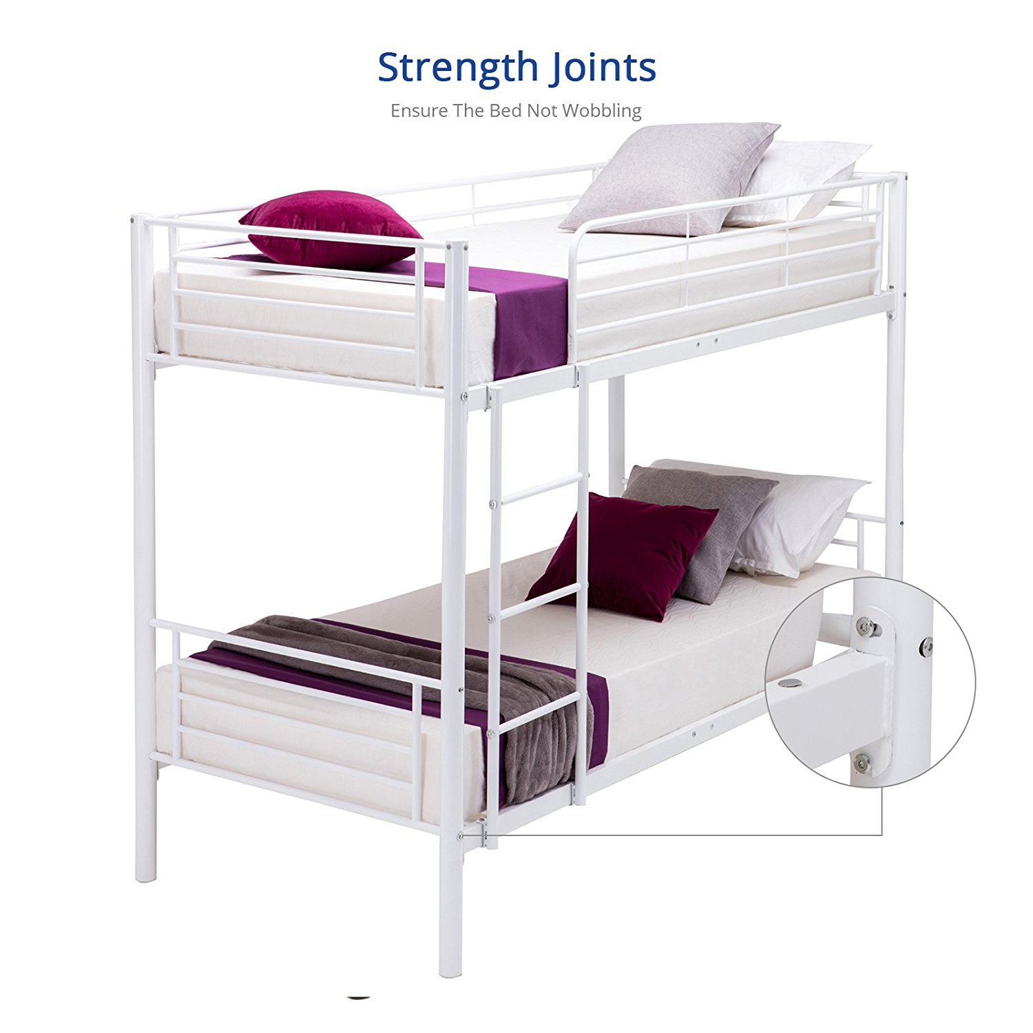 DFM Twin over Twin Metal Bunk Beds Frame Kids /Adult Bedroom Furniture with Ladder (White)