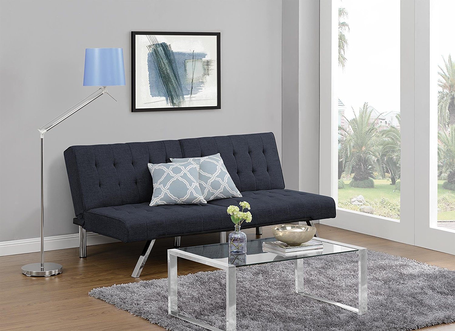 DHP Emily Futon Couch Bed, Modern Sofa Design Includes Sturdy Chrome Legs and Rich Linen Upholstery, Navy