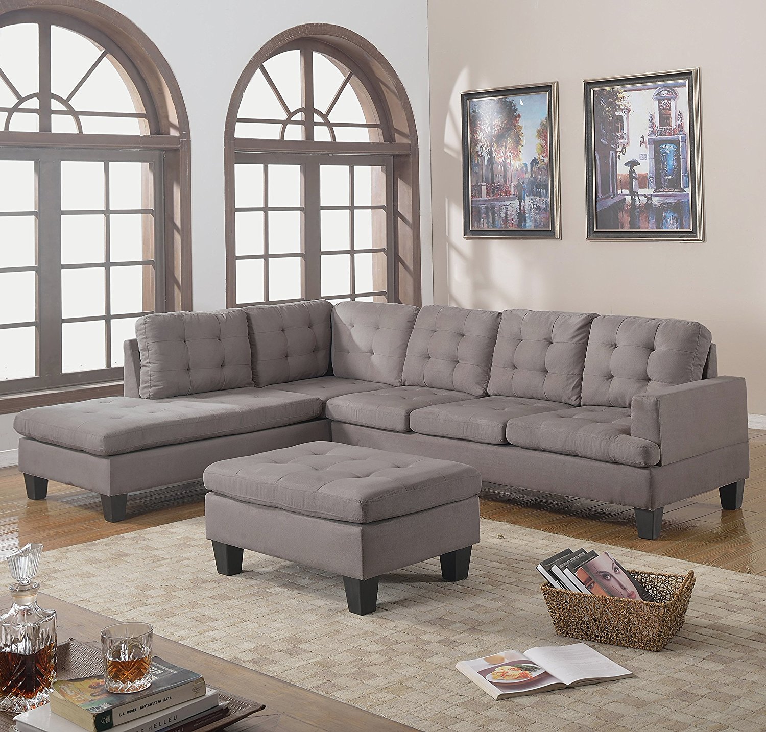 Divano Roma Furniture 3-Piece Reversible Chaise Sectional Sofa with Ottoman, Grey Charcoal