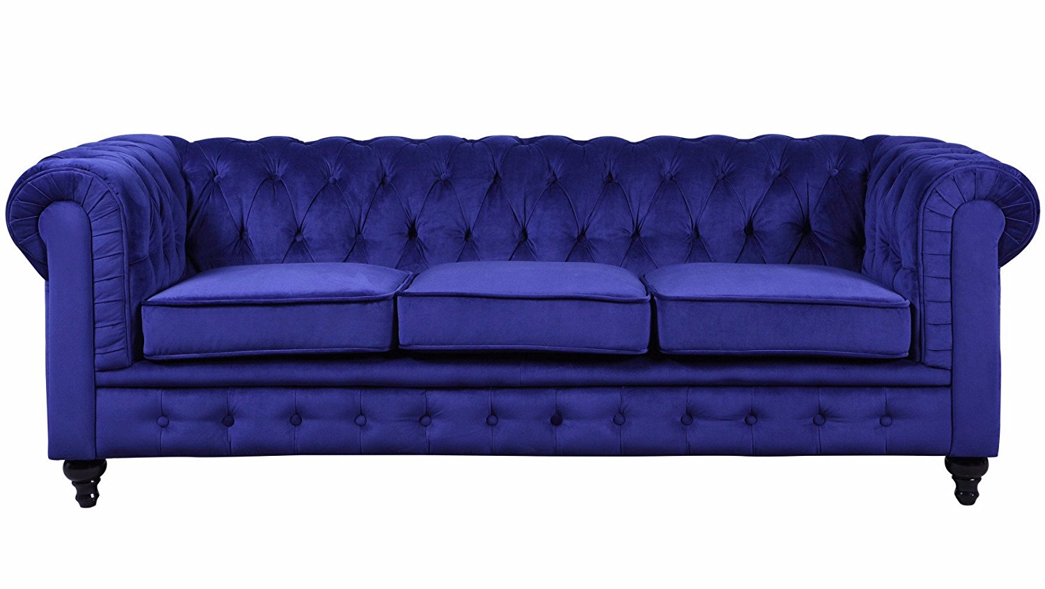 Divano Roma Furniture Velvet Scroll Arm Tufted Button Chesterfield Style Sofa, Navy