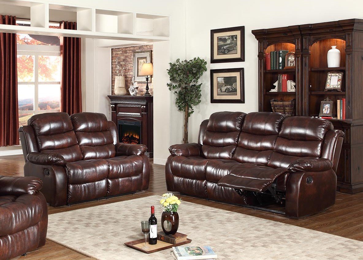 GTU Furniture Motion Sofa and Loveseat, 2Pc Living Room Bonded Leather Set (Sofa and Loveseat, Brown)