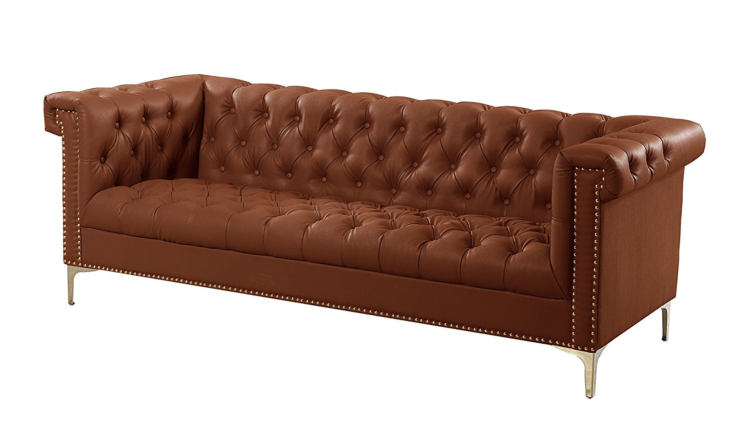 Iconic Home Winston PU Leather Modern Contemporary Button Tufted with Gold Nailhead Trim Goldtone Metal Y-leg Sofa, Brown