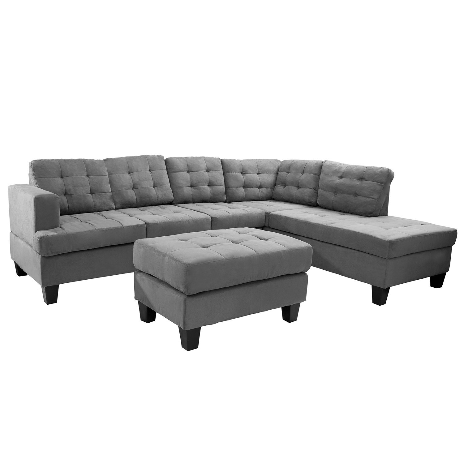 Merax 3-piece Reversible Sectional Sofa with Chaise and Ottoman, Suede Fabric / 6 pillows / Wooden Legs, Grey (Grey)