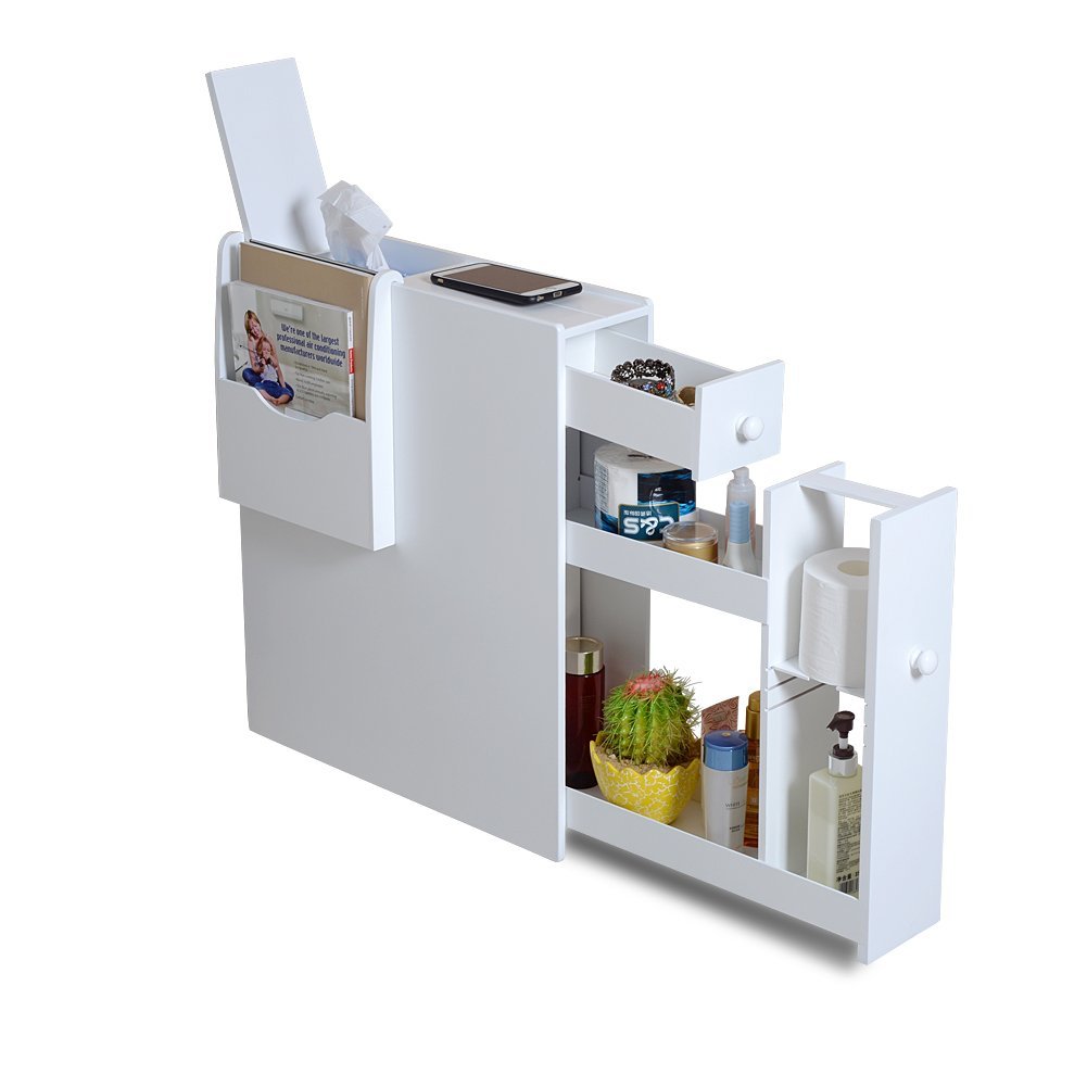 Organizedlife White Bathroom Floor Cabinet Storage with Drawer and Magazine Holder
