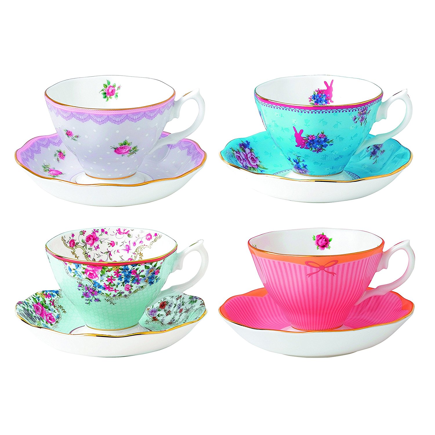 Royal Albert Candy Teacups and Saucers, (Set of 4), Mixed Patterns