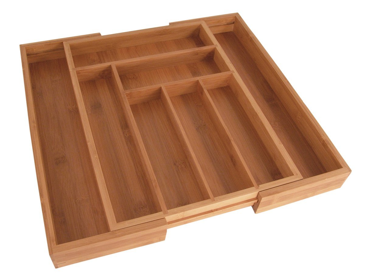 Totally Bamboo Large Expandable Cutlery Tray & Drawer Organizer; Bamboo Cutlery Tray with 8 Compartments and 2 Adjustable Dimensions; Made from 100% Organic Bamboo. Designed in USA
