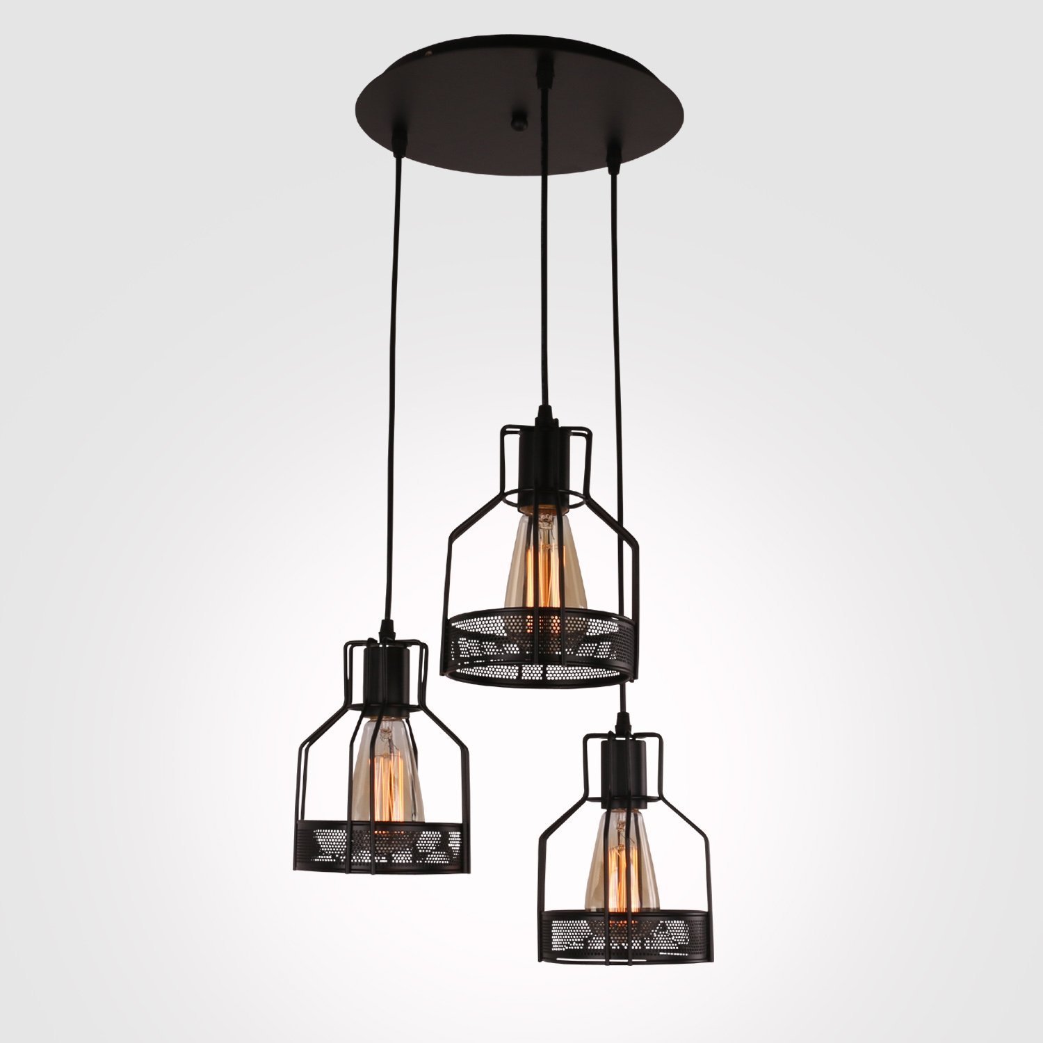 Unitary Brand Rustic Black Metal Cage Shade Dining Room Pendant Light with 3 E26 Bulb Sockets 120W Painted Finish