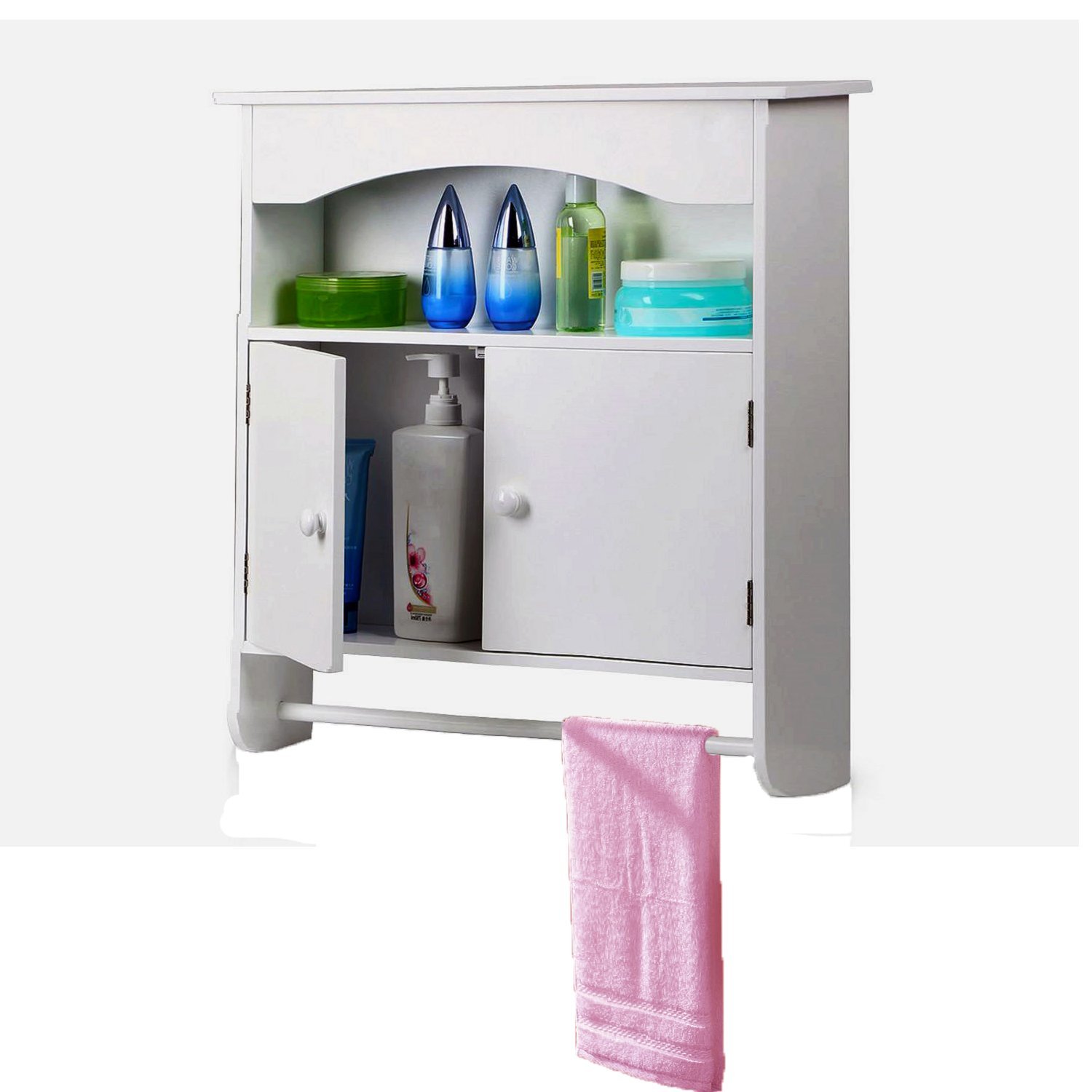 Yaheetech White Wooden Bathroom Wall Cabinet Toilet Medicine Storage Organiser Cupboard 2 Door with Bar Shelf Unit