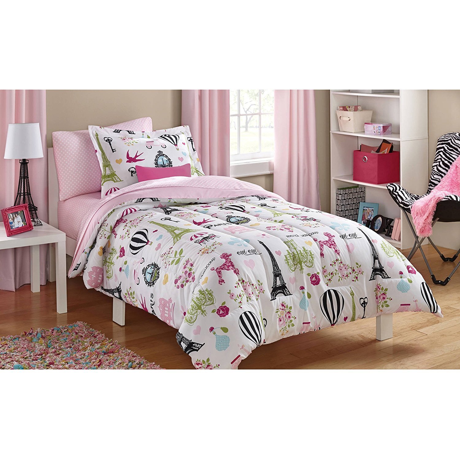 I Love Paris, Girls Twin Pink White and Black Cute Parisian Bedding Set (4 Piece Bed in a Bag)