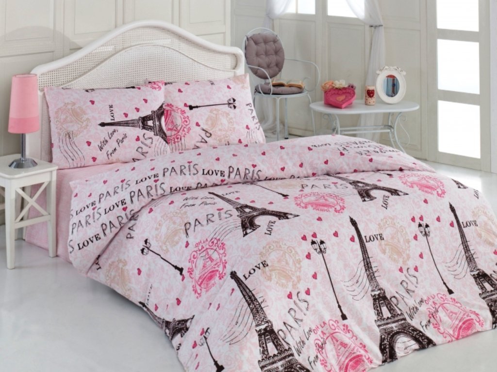 Pink Ranforce 100% Turkish Cotton 4 Pcs Paris Eiffel Tower Heart Theme Themed Full Queen Size Quilt Duvet Cover Set Bedding Linens