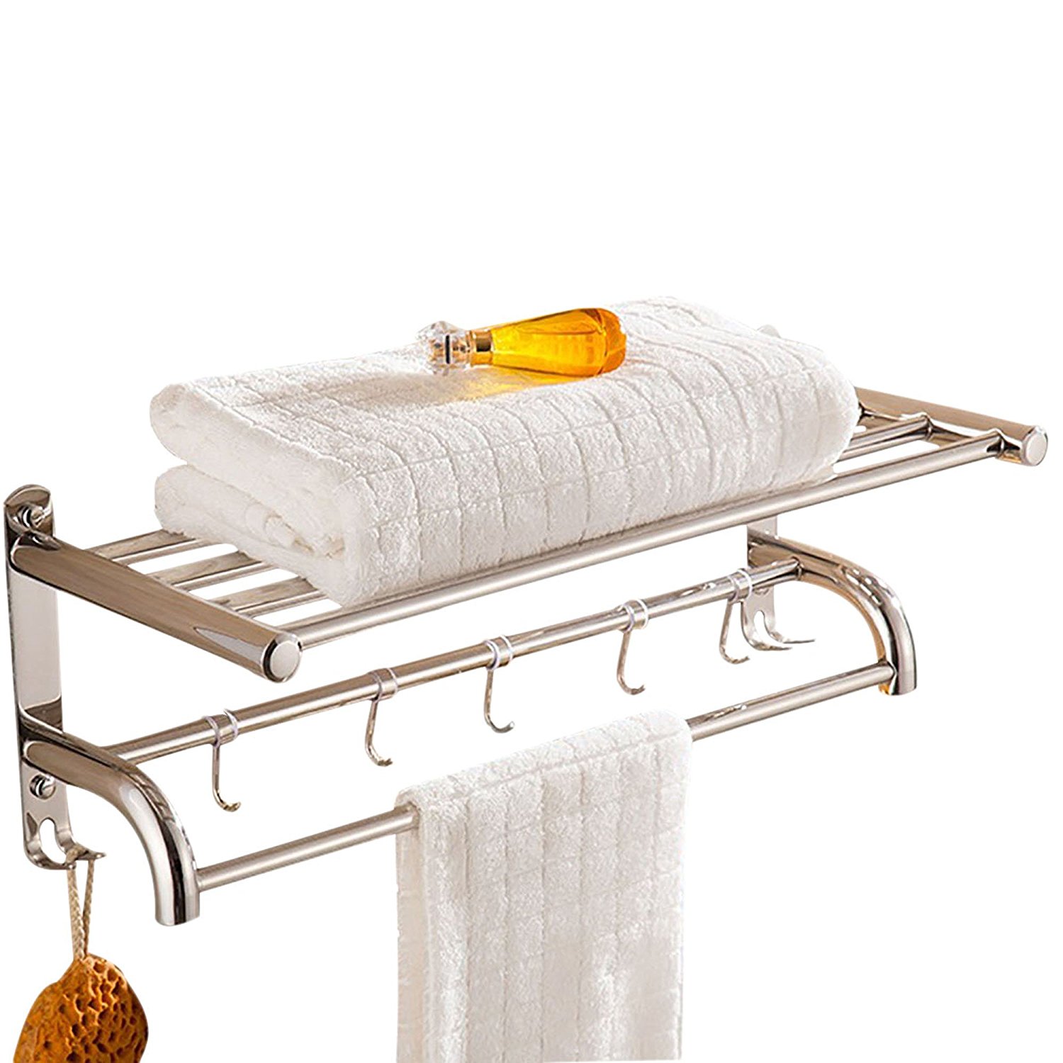 Spring fever Bathroom Double Towel Shelf, 20" Wall Mounted Towel Rail Towel Racks with 5 Hooks, Polished Stainless Steel