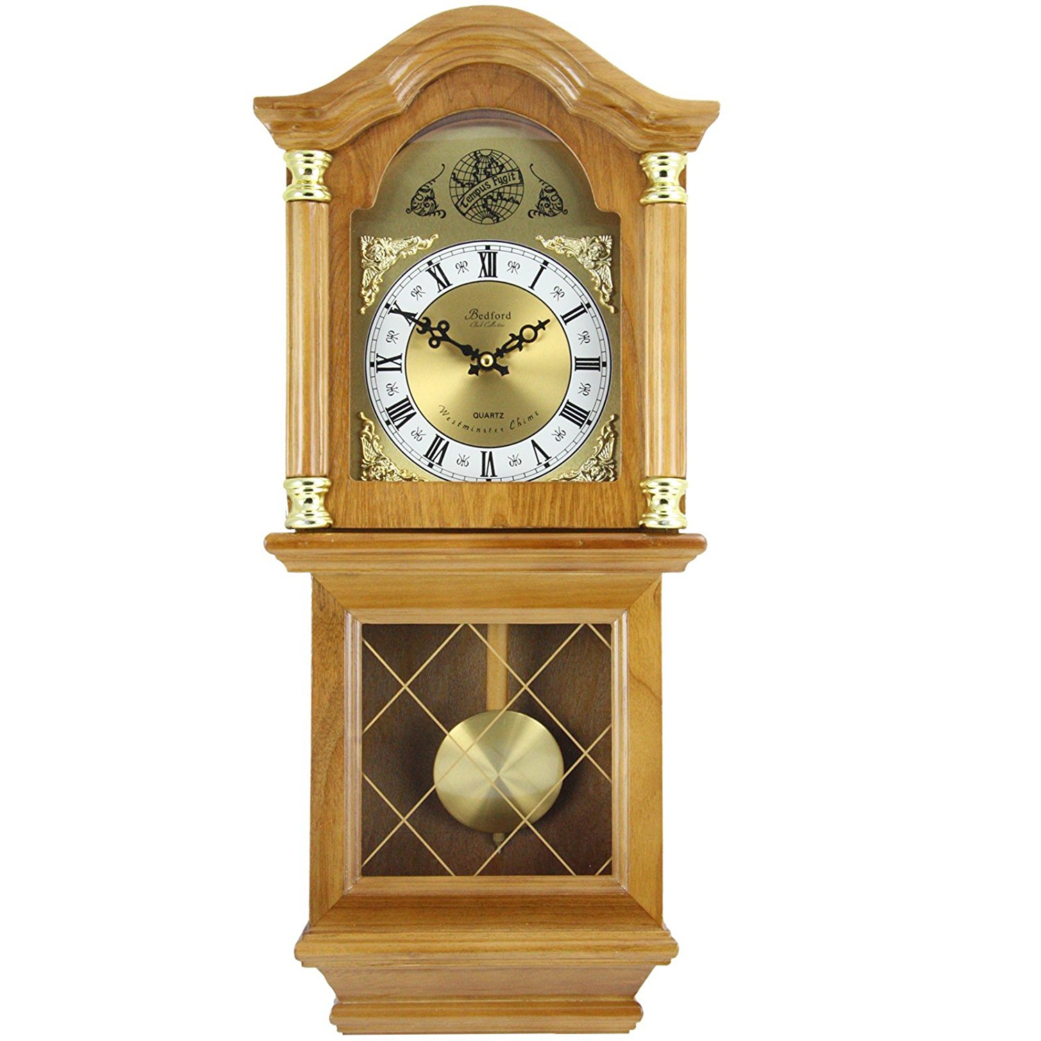Bedford Clock Collection Classic Chiming Wall Clock With Swinging Pendulum, Golden Oak