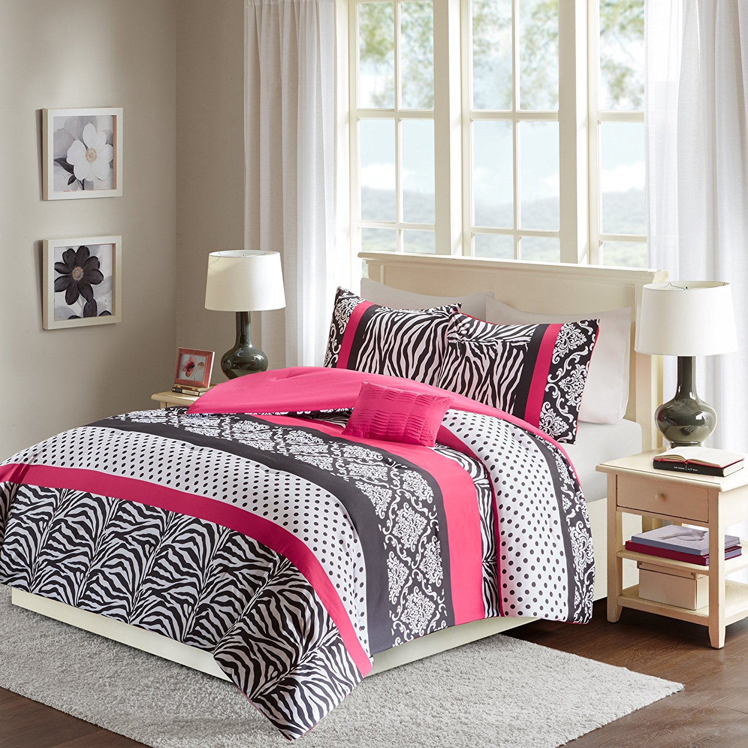 Comfort Spaces - Sally Comforter Set - 3 Piece - Hot Pink & Black - Zebra, Damask, Polka dot print - Twin/Twin XL Size, includes 1 Comforter, 1 Sham, 1 Decorative Pillow