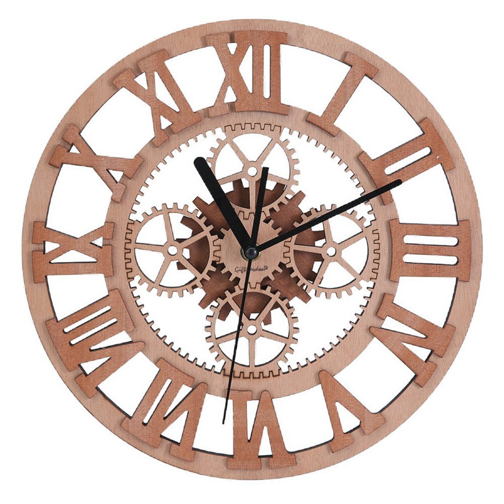 Giftgarden Gear Wall Clock Round Shaped Wooden handmade for Housewarming Wall Decorative Clocks