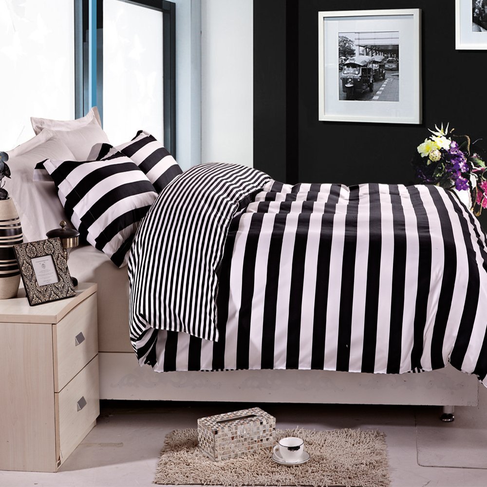 NTBAY 3 Pieces Duvet Cover Set Black and White Stripe Printed Microfiber Reversible Design(Full/Queen, Stripe)