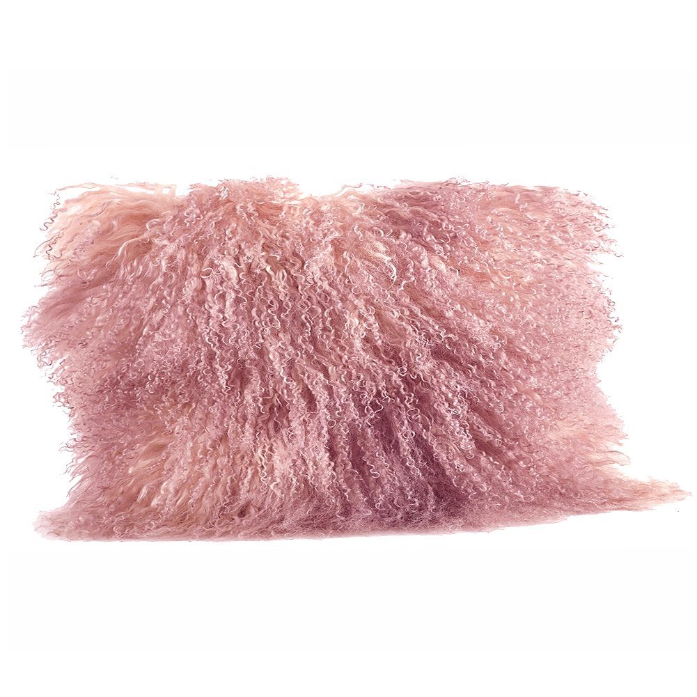 Rose Pink Color Real Mongolian Lamb Fur Pillow, Filled. 12 Inch X 20 Inch Oblong