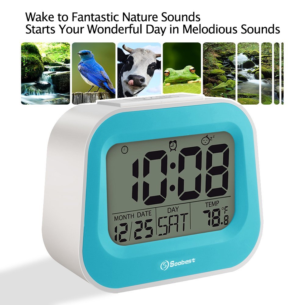 Soobest Nature Sounds Digital Alarm Clock with Adjustable Snooze Time, 3.5" Large Digits Display, Electric Powered Battery Backup Alarm, Ascending Volume, Simple to Set Electronic Clock(Blue)