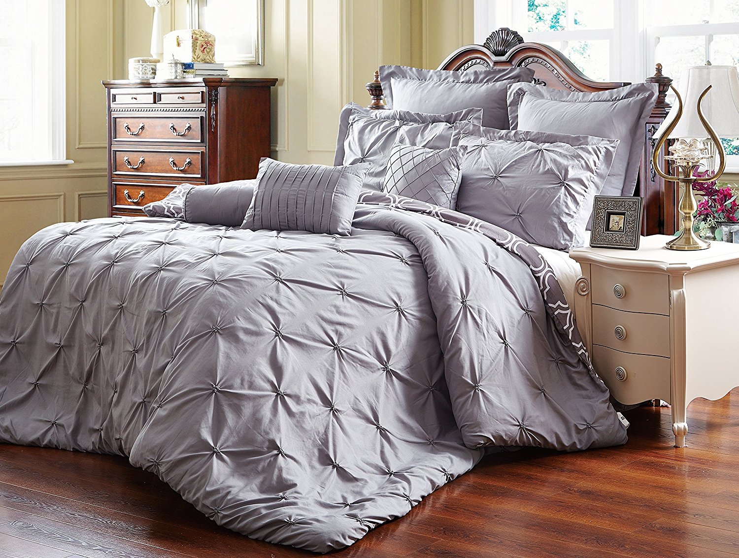 Unique Home 8 Piece Reversible Pinch Pleat Comforter Set Fade Resistant, Wrinkle Free, No Ironing Necessary, Super Soft, Cal King, Grey