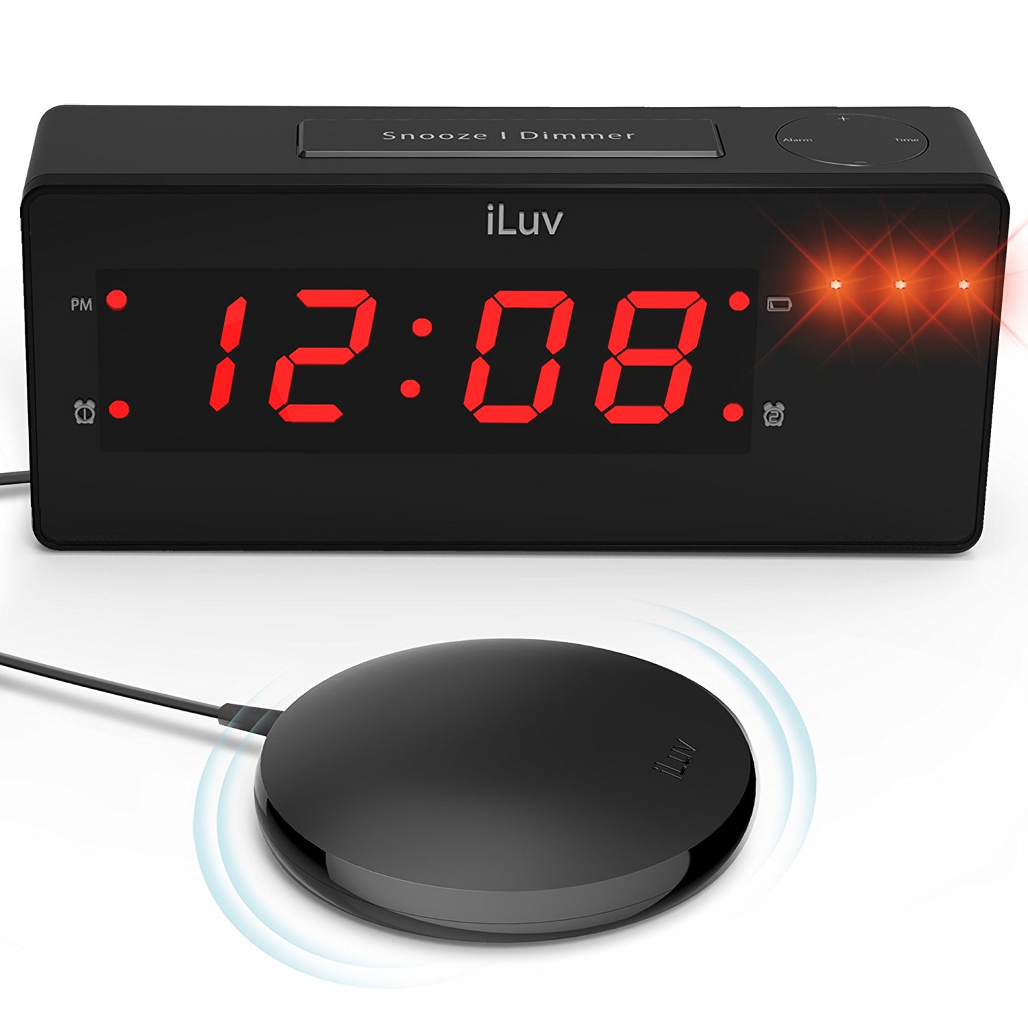 iLuv – 1.4" Jumbo LED Dual Alarm Clock with Super Vibrating Wired Bed Shaker, 120 dB Panic Sound, and Built-In 3 LED Alert Light