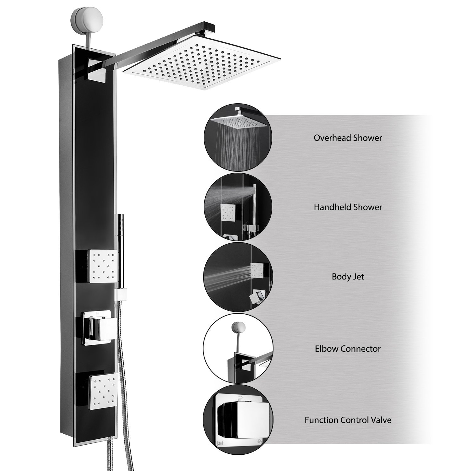 AKDY 35" Black Tempered Glass Wall Mount Easy Connection Bathroom Multi-Function Shower Tower Panel w/ Rainfall Head Dual Massage Sprays