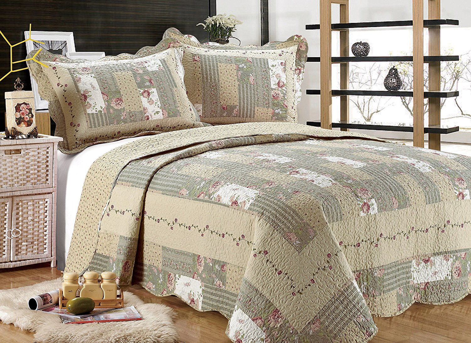 All for You 3-piece Reversible Bedspread/ Coverlet / Quilt Set-beige, pink, burgundy and sage green prints, 100"x110", (larger king with king size pillow shams)